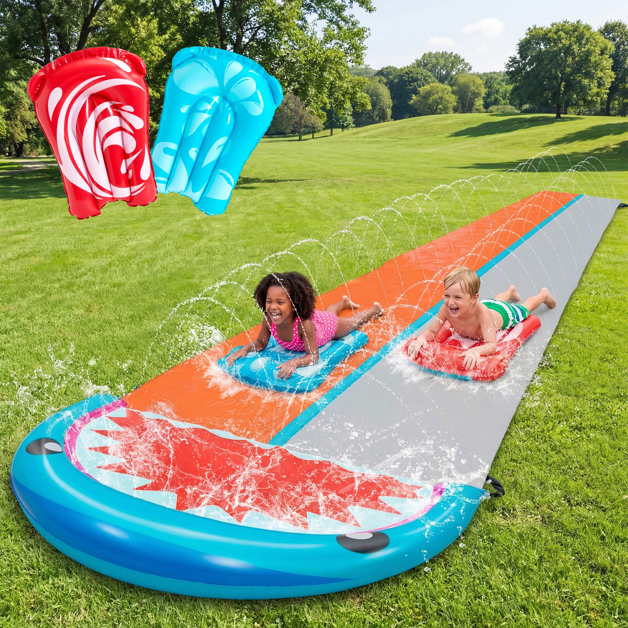 Joyfy 22.5FT Double Lane Splash Slip WaterSlide, Outdoor Lawn Water Slides with 2 Inflatable Boards & Sprinklers, Summer Toy for Kids Adults (Shark)