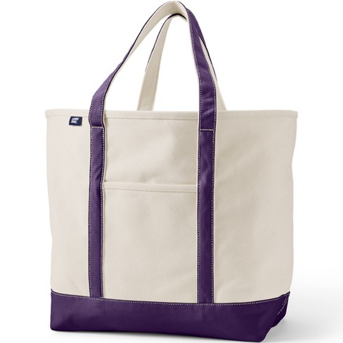 Lands' End Large Natural 5 Pocket Open Top Long Handle Canvas Tote Bag - -  Natural/Blackberry