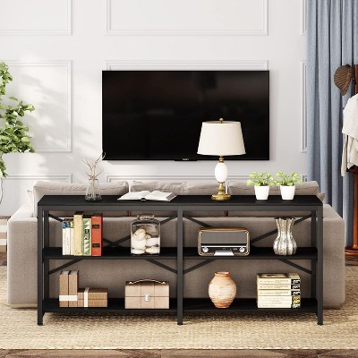 Black 55-Inch Industrial Sofa Table with 3-Tier Storage