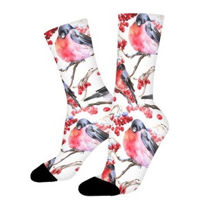 Watercolor Winter Bullfinches Women Printed Crew Socks Funny Funky Socks Soft Polyester Novelty Gifts for Artists Men - 1 of 4