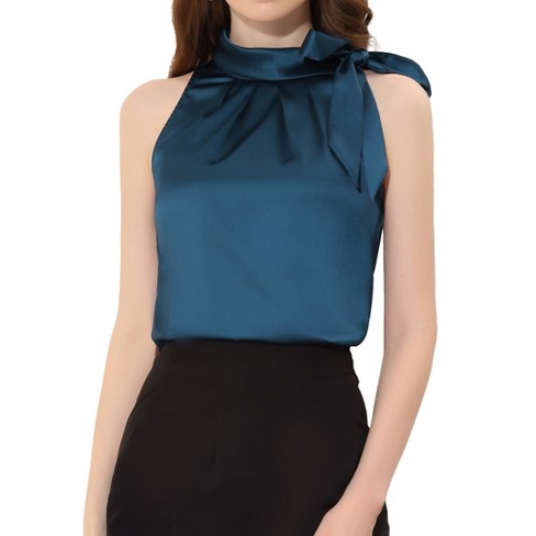 Allegra K Women's Elegant Satin Sleeveless Bow Tie Mock Neck Solid