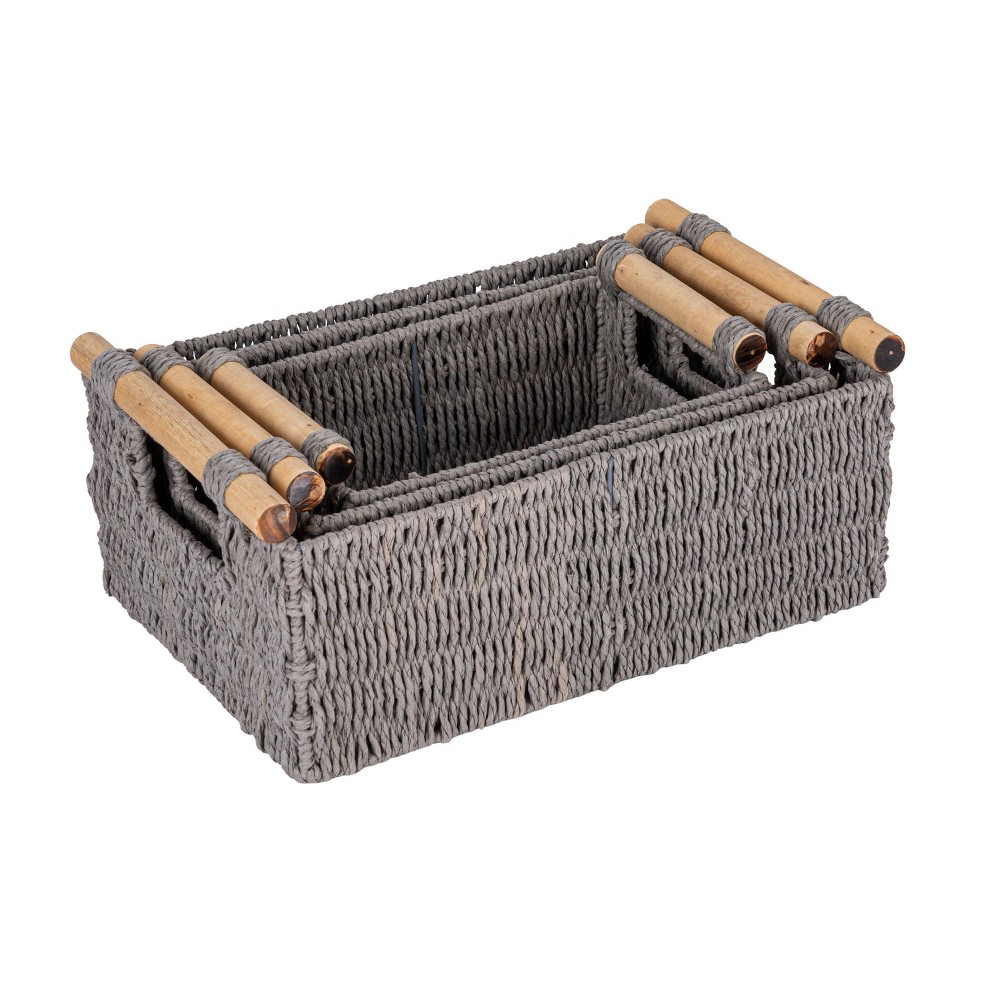 Household Essentials Decorative Woven Baskets Set of 3 Paper Rope Gray: Rectangle Storage, 14.5" x 9.5" x 6"