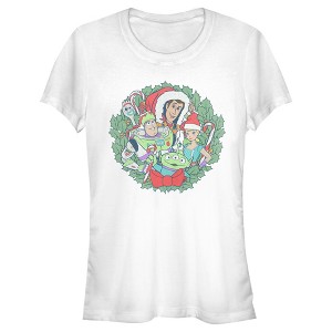 Juniors Womens Toy Story Christmas Wreath Characters T-Shirt - 1 of 4