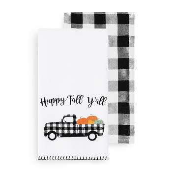 Happy Fall Y'all and Check Kitchen Towel Set of 2 - 18" x 28" - Black/White - Elrene Home Fashions