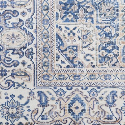 Beige Blue Floral Synthetic Flatweave Runner Rug