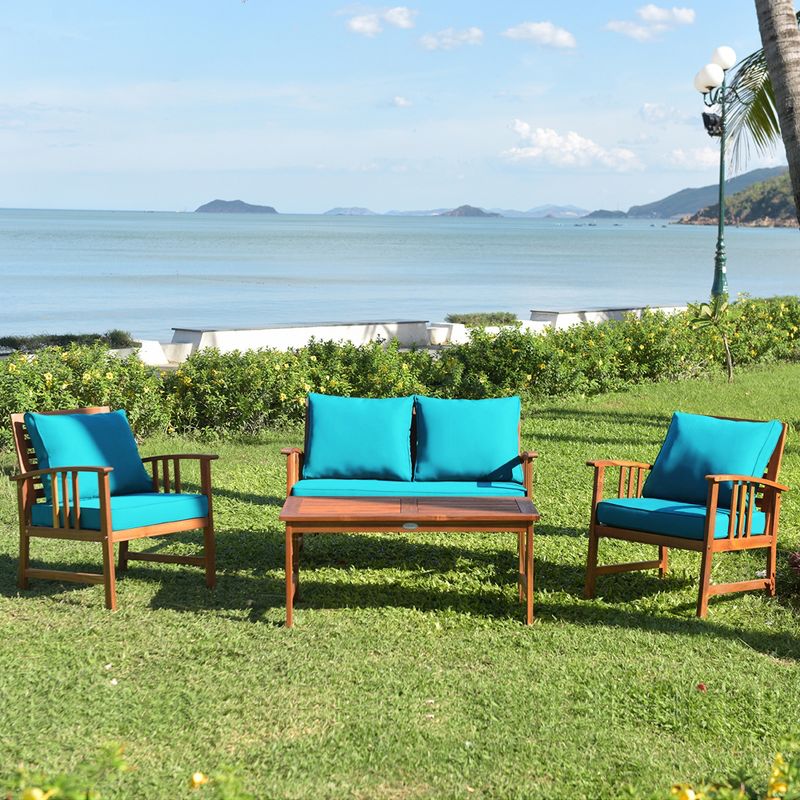Tangkula 8pcs Wooden Patio Furniture Set Table & Sectional Sofa w/ Turquoise Cushion, 2 of 11