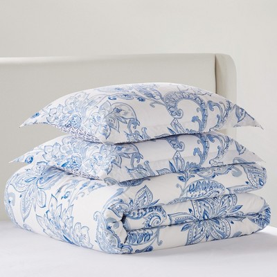 Full/Queen Blue and White Cotton Floral Paisley Duvet Cover Set