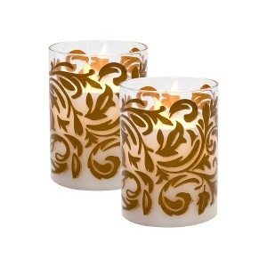 Lumabase 2ct Battery Operated LED Glass Candles with Moving Flame Gold Baroque Swirl - 1 of 4