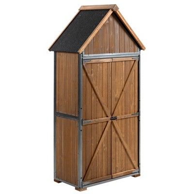 Outdoor Storage Cabinet Wood & Metal, Tall Tool Shed with Weatherproof, Double Lockable Doors, Removable 3 Shelves for Patio, Garden, Backyard, Lawn