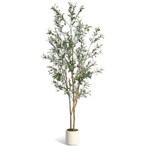 4/5/6/7FT Artificial Olive Tree, Faux Silk Plant with Natural Wood Trunk, Lifelike Fruits, Imitation Ceramic Planter & Green Moss for Home Office - 1 of 4