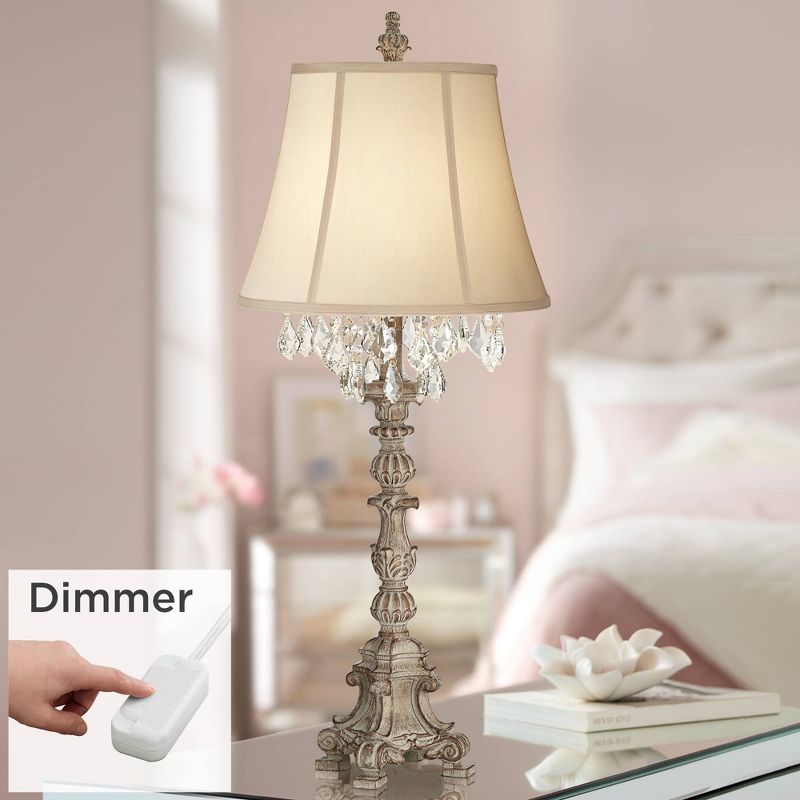 Barnes and Ivy Duval Traditional Table Lamp 34" Tall Distressed Antique White Candlestick Crystal Beige Bell Shade for Bedroom Living Room Nightstand, 2 of 10