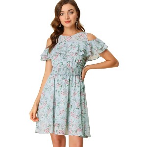 Allegra K Women's Cold Shoulder Smocked Waist Chiffon Floral Pattern Mini Dress - 1 of 4