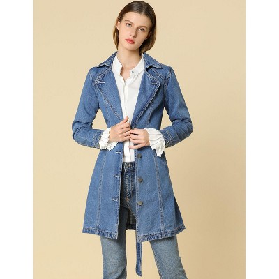 Allegra K Women's Notched Lapel Belted Trench Long Denim Jacket Light Blue X-Small — фото 3