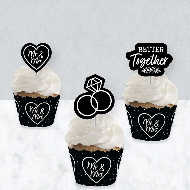 Big Dot of Happiness Mr. and Mrs. - Cupcake Decoration - Black and White Wedding or Bridal Shower Cupcake Wrappers and Treat Picks Kit - Set of 24, 3 of 8