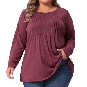 Agnes Orinda Women's Plus Size Pleated Crew Neck Long Sleeve Soft Casual Tunic T Shirt - 1 of 4