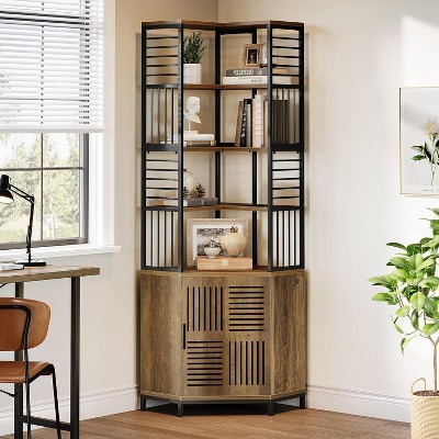 Tribesigns Tall Corner Shelf with Cabinet, 77.76-Inch Industrial Corner Cabinet with Door, 7-Tier Wood and Metal Bookshelf