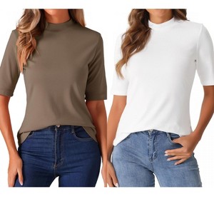 INSPIRE CHIC Women's Half Sleeve Casual Turtleneck Solid Elastic Soft T-Shirts 2 Packs - 1 of 4