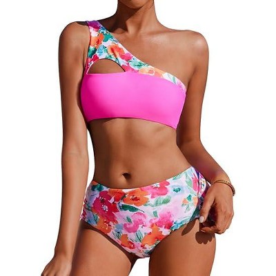 AI'MAGE Women's Bikini Sets Reversible Wear Cutout One Shoulder Top with Mid Waist Two Piece Bathing Suit