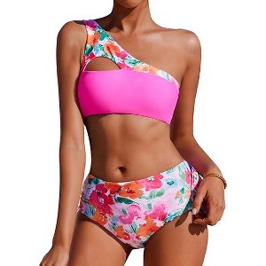 AI'MAGE Women's Bikini Sets Reversible Wear Cutout One Shoulder Top with Mid Waist Two Piece Bathing Suit - 1 of 3