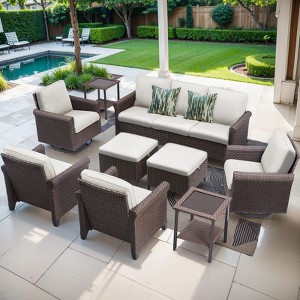 Buenhomino 9-Piece Outdoor Set – Sofa, 2 Swivel Chairs, 2 Single Chairs, 2 Tables & 2 Ottomans, Handwoven Wicker, Weather-Resistant Cushions - 1 of 4