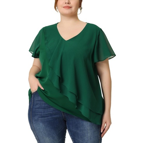 Agnes Orinda Women's Plus Size Elegant V Neck Layered Ruffle Summer Blouses  Green 4X