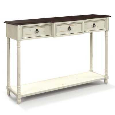 52" Cream and Brown Wood Console Table with Storage Drawers