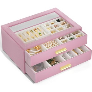 Leather Jewelry Box with Clear Lid, 2-Drawer Storage Organizer Case for Necklaces, Rings, Earrings, Bracelets - 1 of 4