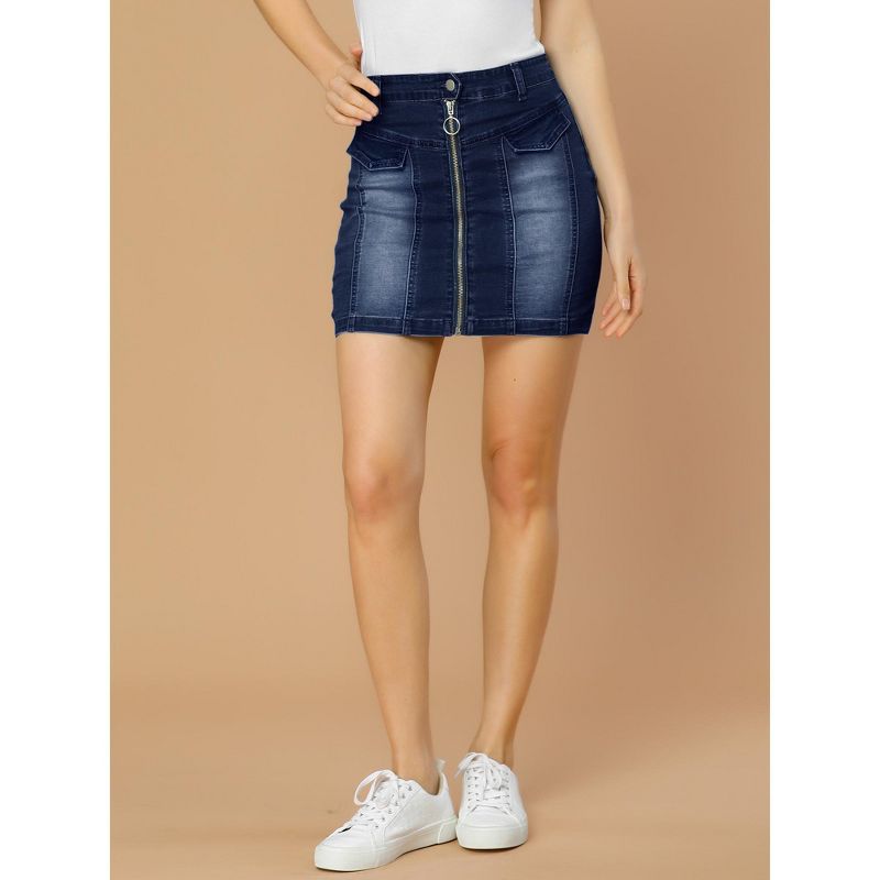 Allegra K Women's Zip Front Slim Fit High Waist Mini Denim Skirts, 2 of 7