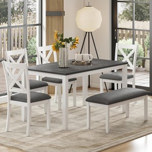 Zevemomo 6-Piece Solid Wood Dining Table Set, Including 1 Dining Table, 4 Upholstered Chairs and 1 Bench, for Dining Room, Kitchen, , White Diamond - 1 of 4