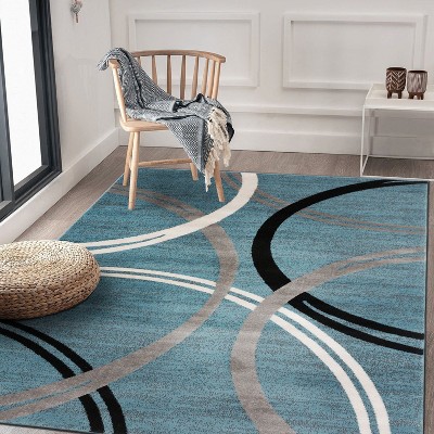 Modern Abstract Waves Blue Polypropylene Area Rug