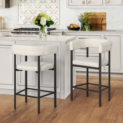 Arceso Barrel Bar Stools Set of 2, 26 Inch Upholstered Barstools with Arms & Metal Frame, Counter Height Bar Stools with Curved Backrest