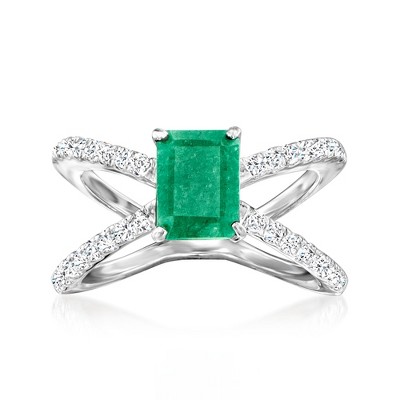 Ross-Simons 1.80 Carat Emerald and .60 ct. t.w. White Topaz Crisscross Ring in Sterling Silver
