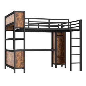 TopComfy Beds Metal Loft Bed with Wardrobe And L shaped Desk Queen Size Loft Bed Storage Heavy Duty Loft Bed for Kids, Brown, 60.2"*75.2"*225.53" - 1 of 4