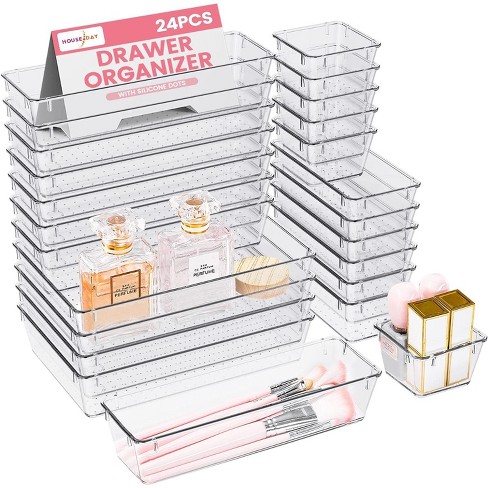 House Day Makeup Drawer Organizer Trays 24 Pcs, 4-Size Clear Drawer Organizers
