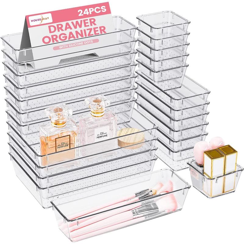 HOUSE DAY Makeup Drawer Trays 4-Type Clear Drawer Organizers with Silicone Pads 17 Pcs, 1 of 6