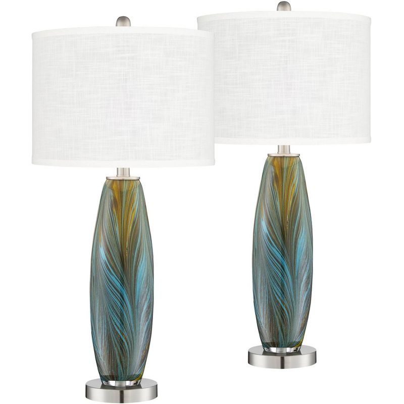 360 Lighting Azure Modern Table Lamps 29 1/2" Tall Set of 2 Blue Brown Art Glass Pure White Fabric Drum Shade for Bedroom Living Room Bedside Office, 1 of 9