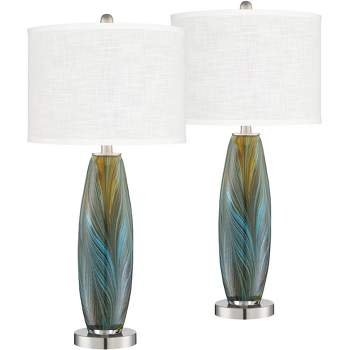 360 Lighting Azure Modern Table Lamps 29 1/2" Tall Set of 2 Blue Brown Art Glass Pure White Fabric Drum Shade for Bedroom Living Room Bedside Office
