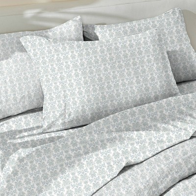 Queen White and Green Cotton Percale Floral Sheet Set
