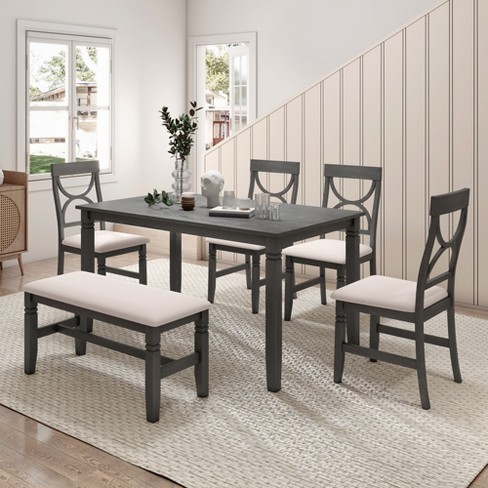 Nestfair Walnut 6-Piece Farmhouse Dining Table with 4 Upholstered