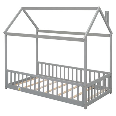 FONTOI Beds, Twin Floor Bed with House Frame, Wood Bed with Guardrails, Roof and Slats for Girls and Boys, Gray, 44.8"*72.4"*78.2"