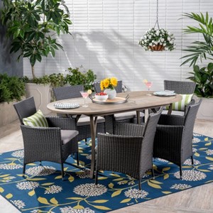 Christopher Knight Home Outdoor Acacia Wood and Wicker 7 Piece Dining Set with Cushions - 1 of 4