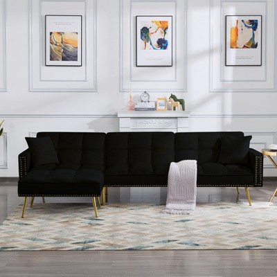 DOMETOUR 107.7 Inch Sectional Sleeper Sofa Bed with 2 Pillows, Modern Convertible Sofa Velvet Futon Couches for Living Room, Black