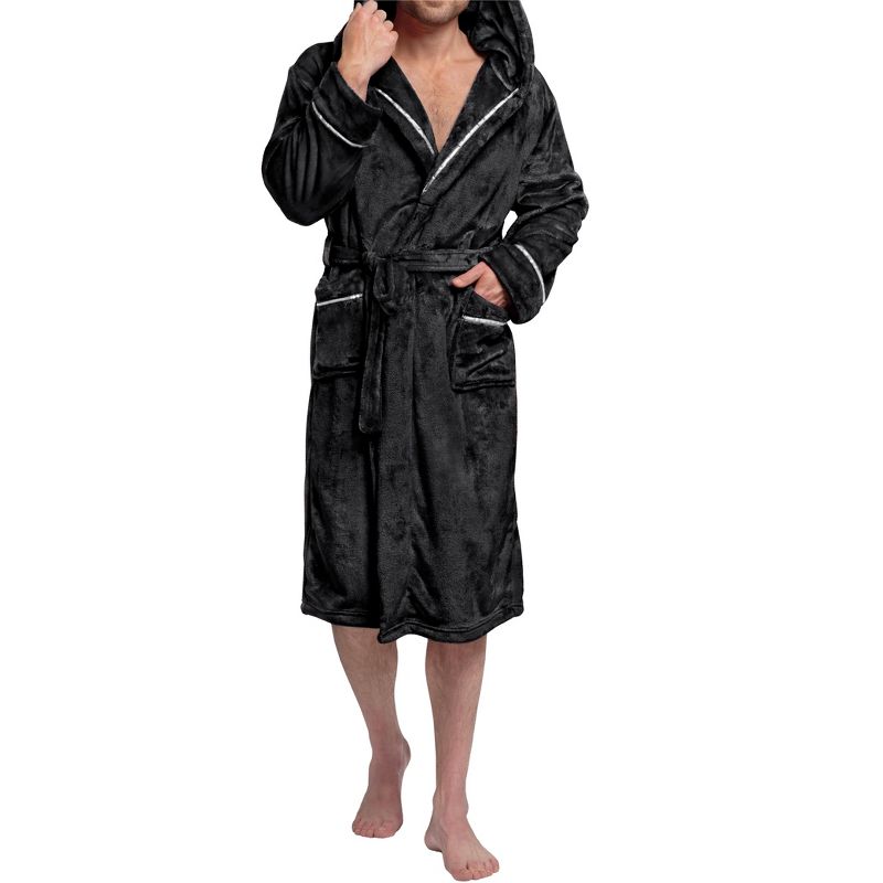 PAVILIA Mens Robe, Hooded Soft Bathrobe for Men, Fleece Plush Warm Shawl Collar Hood Pockets for Bath Shower Spa, 4 of 9