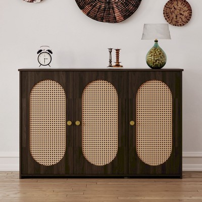 NicBex Buffet Cabinet with Storage Space Accent Cabinet for Living Room 3-Door Sideboard with Artificial Rattan Doors and Metal Handles