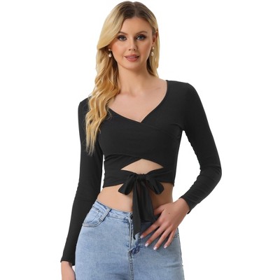 Allegra K Women s Long Sleeve V Neck Solid Crisscross Tie Knot Front Crop Top Target