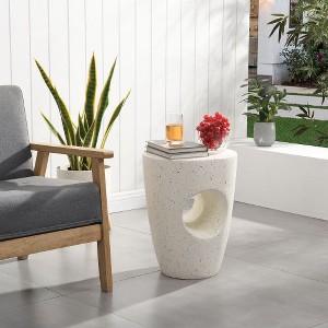 CAVINAS Round Top Patio End Table, Drum Shape Outdoor End Tables with Sculptural Hollow Design, Outdoor Lightweight Concrete Side Table - 1 of 4