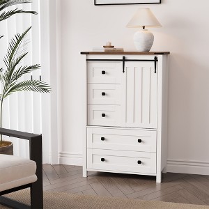5-Drawer Bedroom Dresser with Sliding Barn Door & Adjustable Shelf | Farmhouse Tall Chest of Drawers | Storage Organizer for Hallway & Living Room - 1 of 4