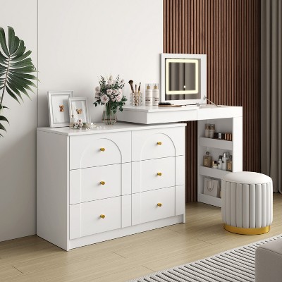 VYNXARIA Vanity Desk with Mirror and Lights, Makeup Vanity Table with Flip-Top Tabletop and Storage，White/Walnut