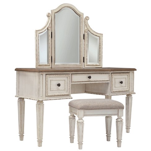 86 inch Single Sink Bathroom Vanity Set Including Makeup Table and 3  Matching Mirrors Antique White Color (86Wx22Dx36H) S7530