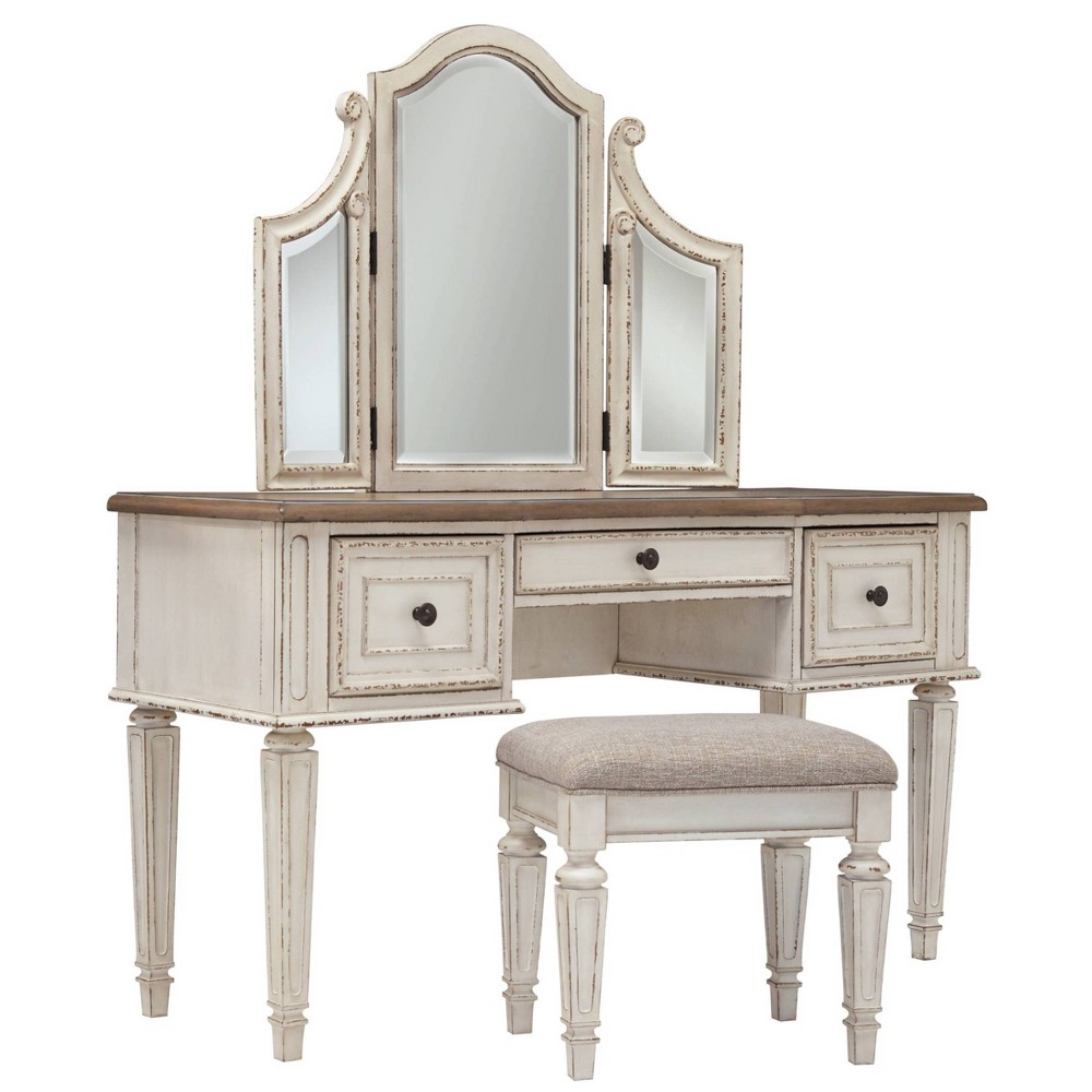 Photos - Other Furniture Set of 3 Realyn Vanity/Mirror/Stool Chipped White: Cottage Style Dressing